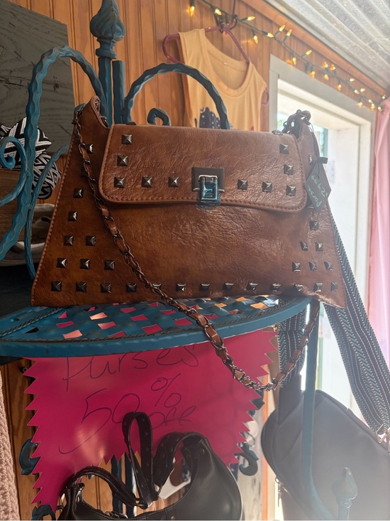 Handbags - Studded Brown Leather Crossbody Bag